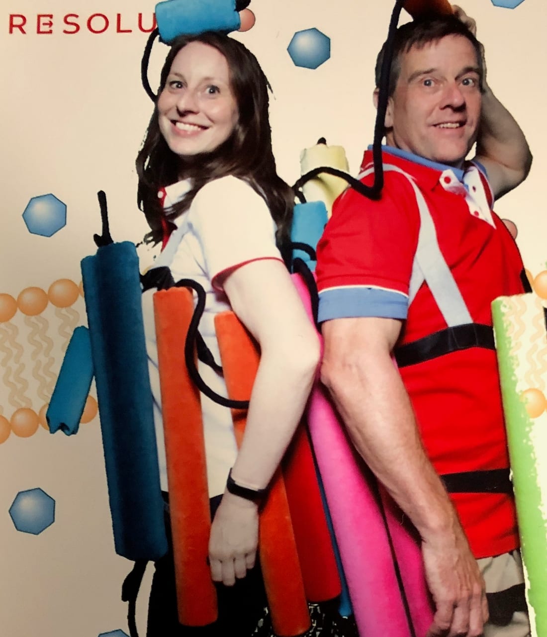 Katharina (left) in costume as a membrane transporter at the RESOLUTE consortium photo booth, ITTS inaugural conference, Vienna 2018